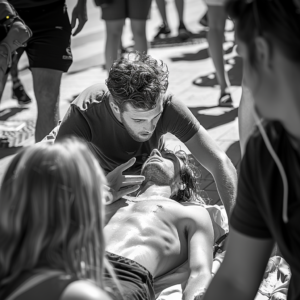 candid photo of cpr emergency on redcliffe beach