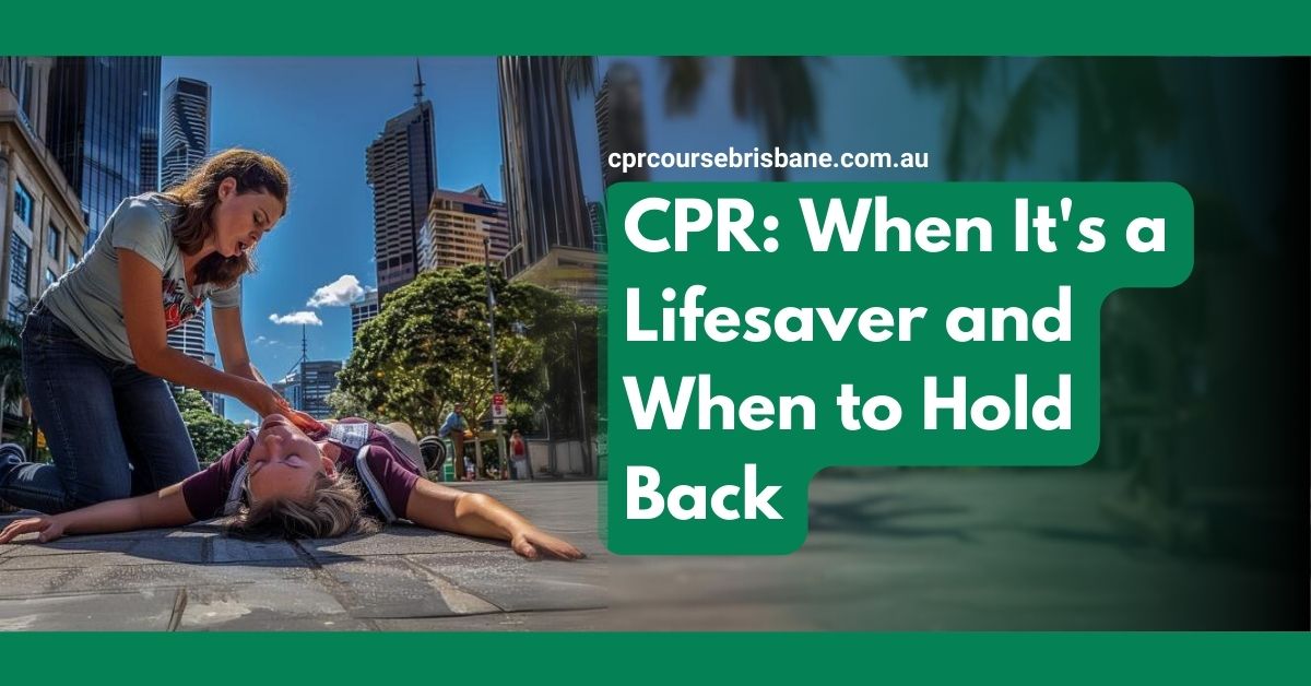 A woman performing CPR on a person lying on the street in an urban setting, with city buildings in the background and a text overlay about CPR.