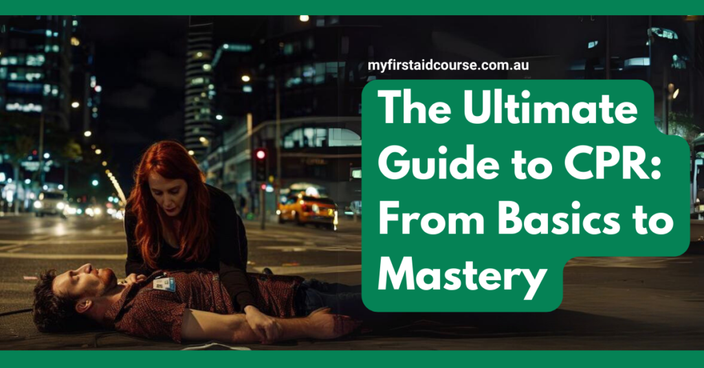 A nighttime scene where a woman provides CPR to a man lying on a city street, highlighting emergency response in an urban environment. The text overlay reads: "The Ultimate Guide to CPR: From Basics to Mastery" and includes a website URL.