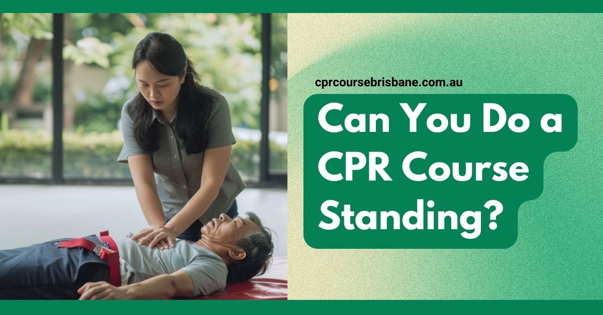 A banner with the text 'When Should You Start CPR? 3 Key Lessons' featuring an emergency scenario where two responders are assisting an unconscious person lying on the ground in a public area. The background includes the Wheel of Brisbane. The website 'cprcoursebrisbane.com.au' is mentioned at the top of the image. The design uses shades of green, with the text in white