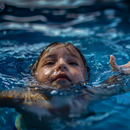 A young child in a swimming pool, trying to stay afloat but slowly drowning. The water is clear and reflects light, creating a vibrant blue background