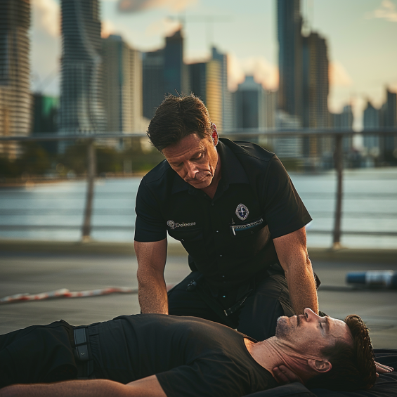 A man providing CPR to an unconscious person outdoors, with Brisbane's cityscape in the background during sunset."