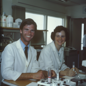 happy scientists wearing white smile for a staff photo