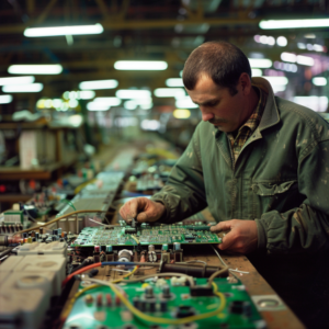 a technician works on circuit boardds in an irish aed factory