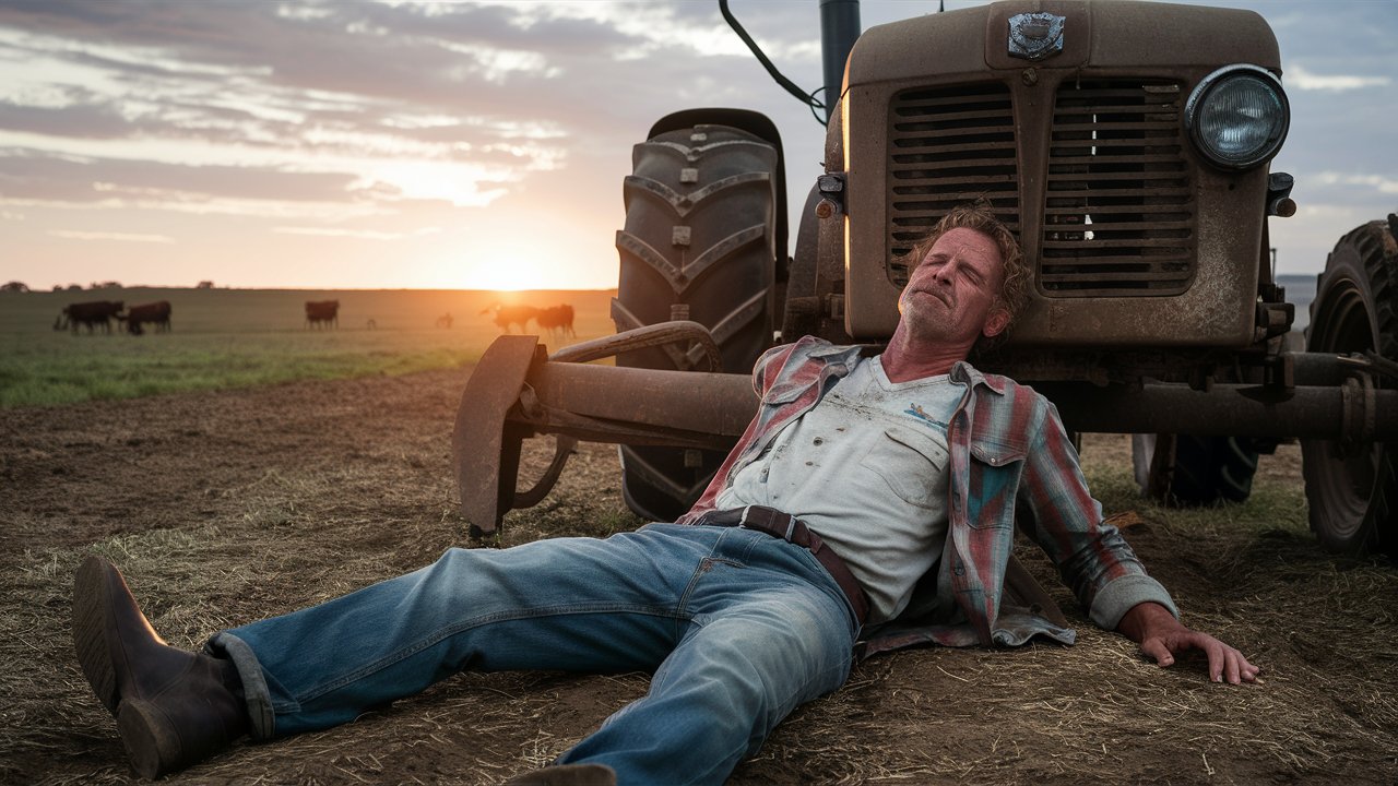 an unconscious farmer lies in front of a tractor