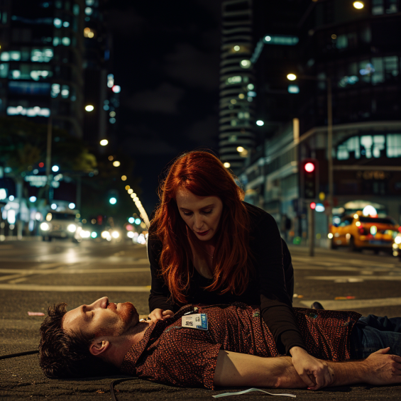 A woman performing CPR on an unconscious man lying on the street at night in an urban setting. The scene is illuminated by city lights and traffic, with tall buildings in the background.